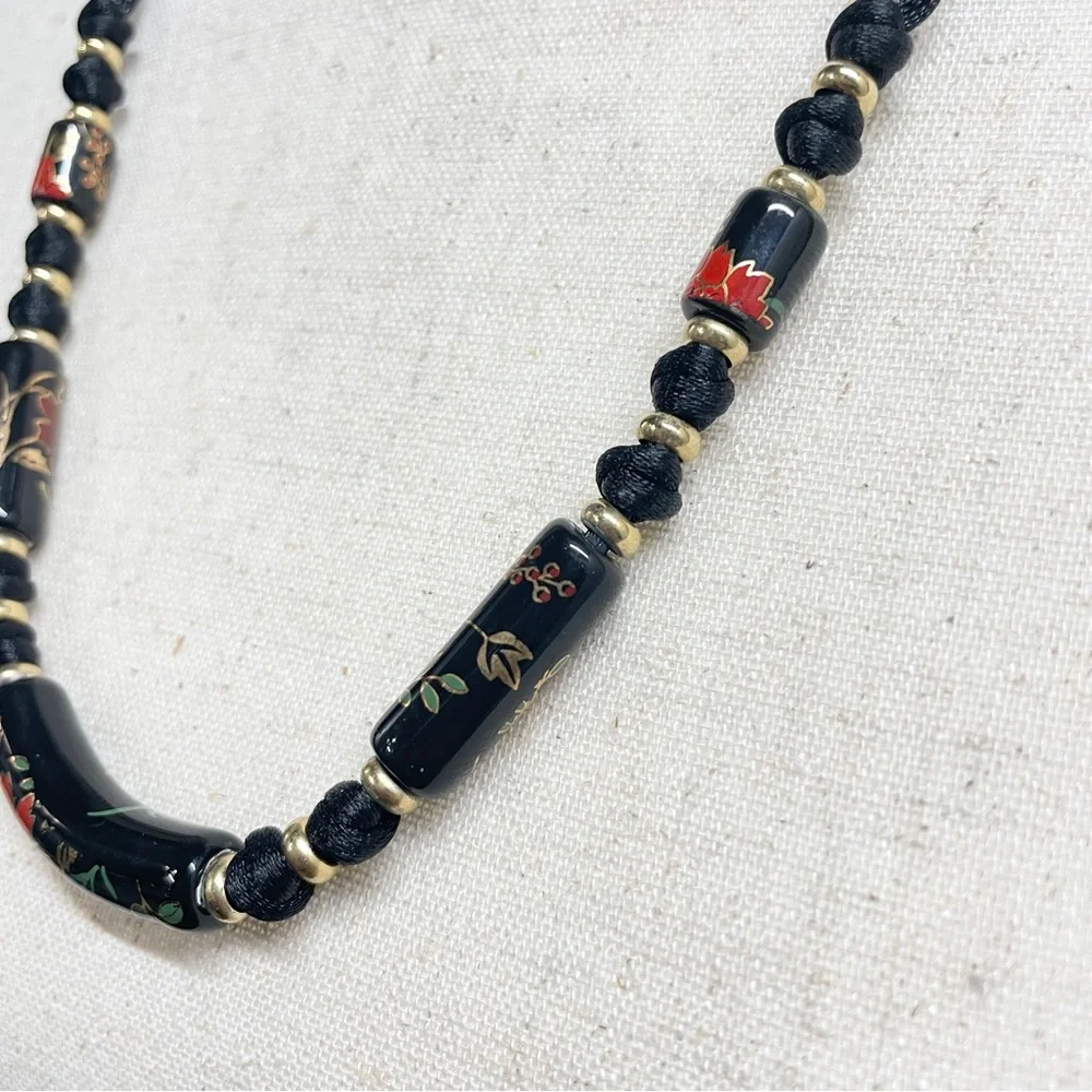 Vintage Black Floral Ceramic Bead Cord Necklace‎ Witchy Goth Romantic